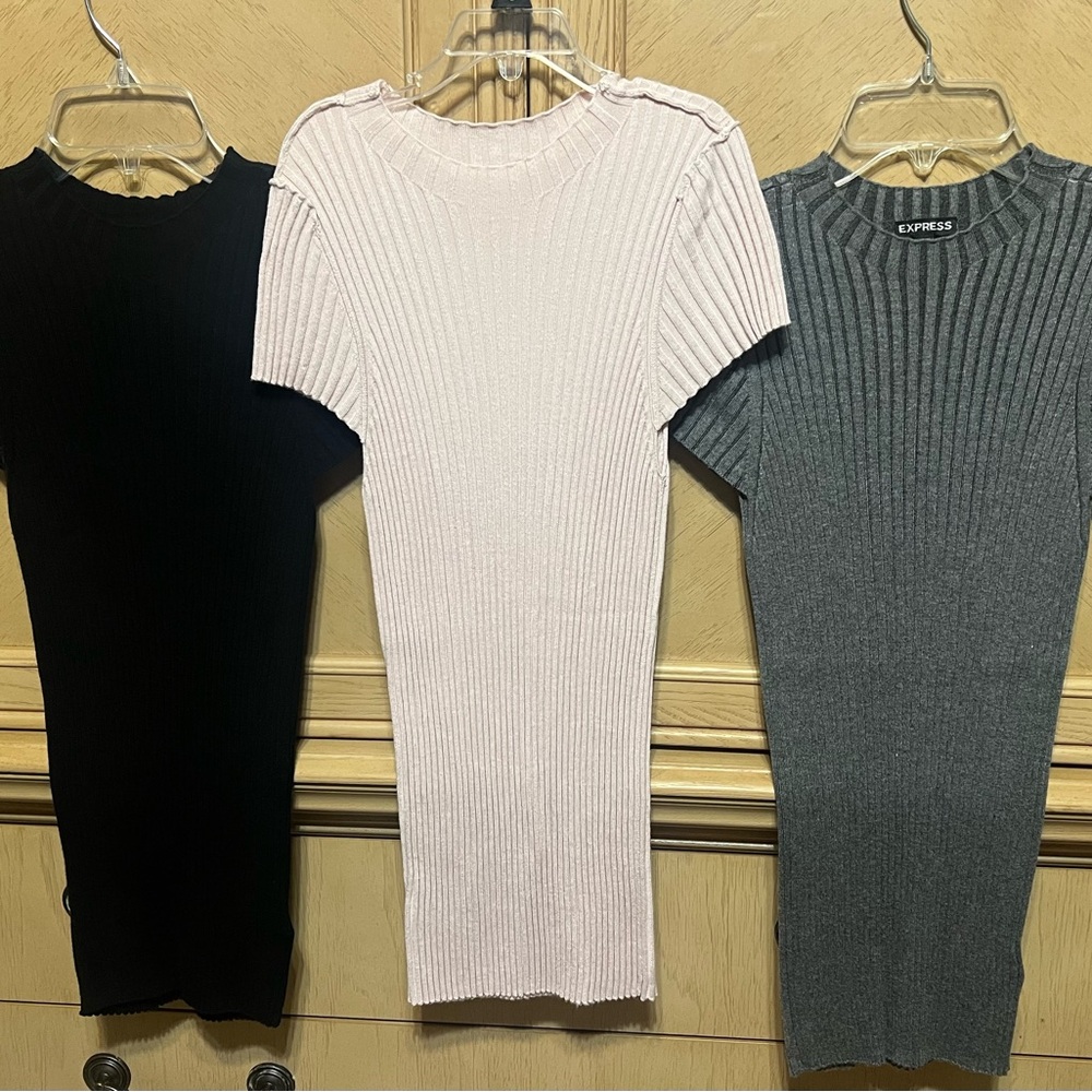 Express Ribbed Knit Dress Trio - Black, Light Pink, and Dark Gray